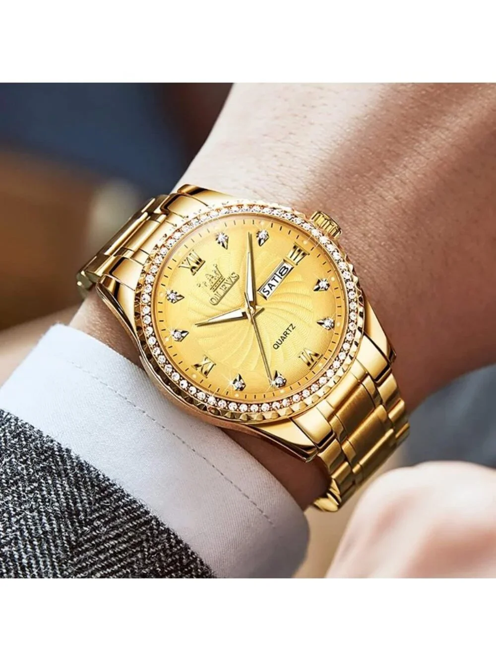 Men's All Gold Stainless Steel Analog Quartz Classic Waterproof Diamond Watch